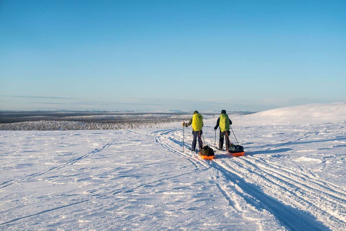 Skieur et pulka dans la neige