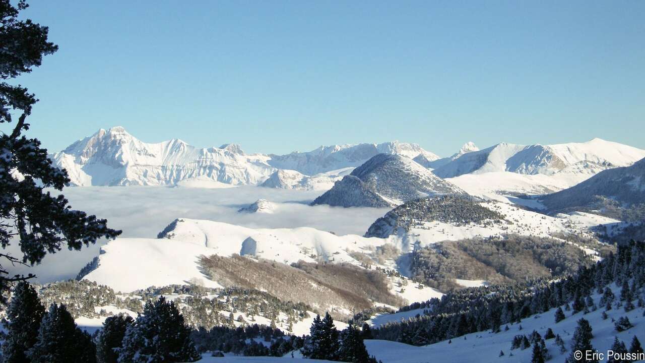 Skieur avec pulka dans la neige