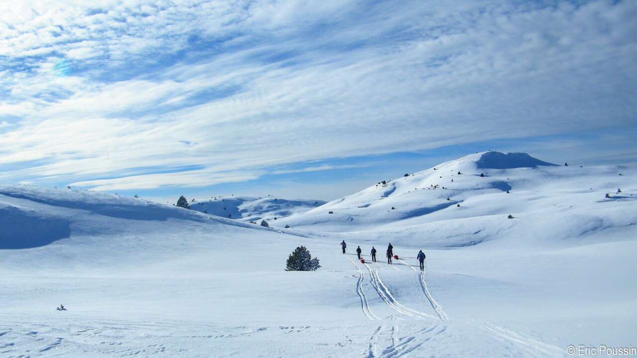 Skieur avec pulka dans la neige