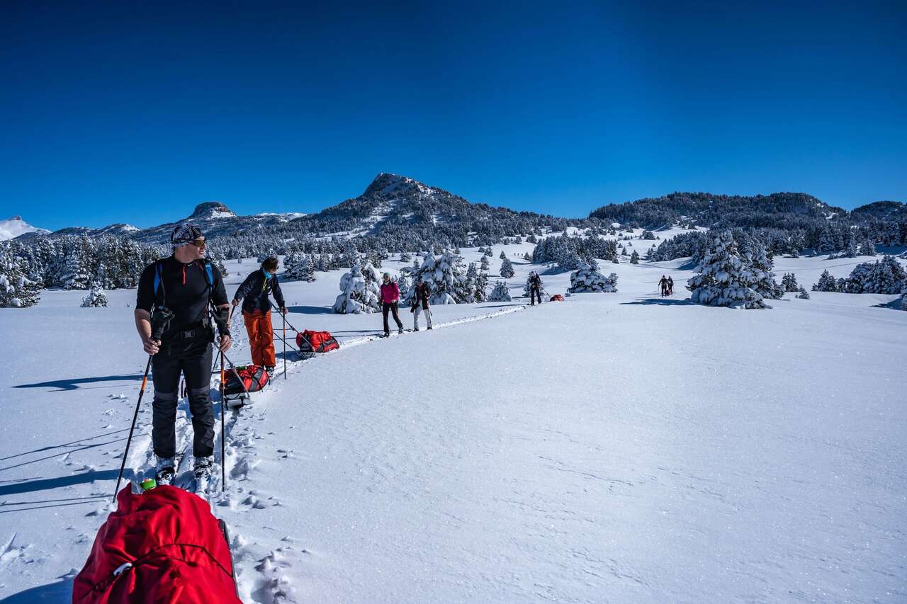 Skieur avec pulka dans la neige