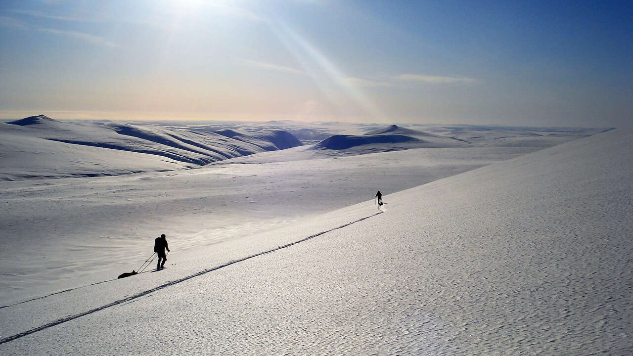 Skieur avec pulka sur la piste royale en Suède